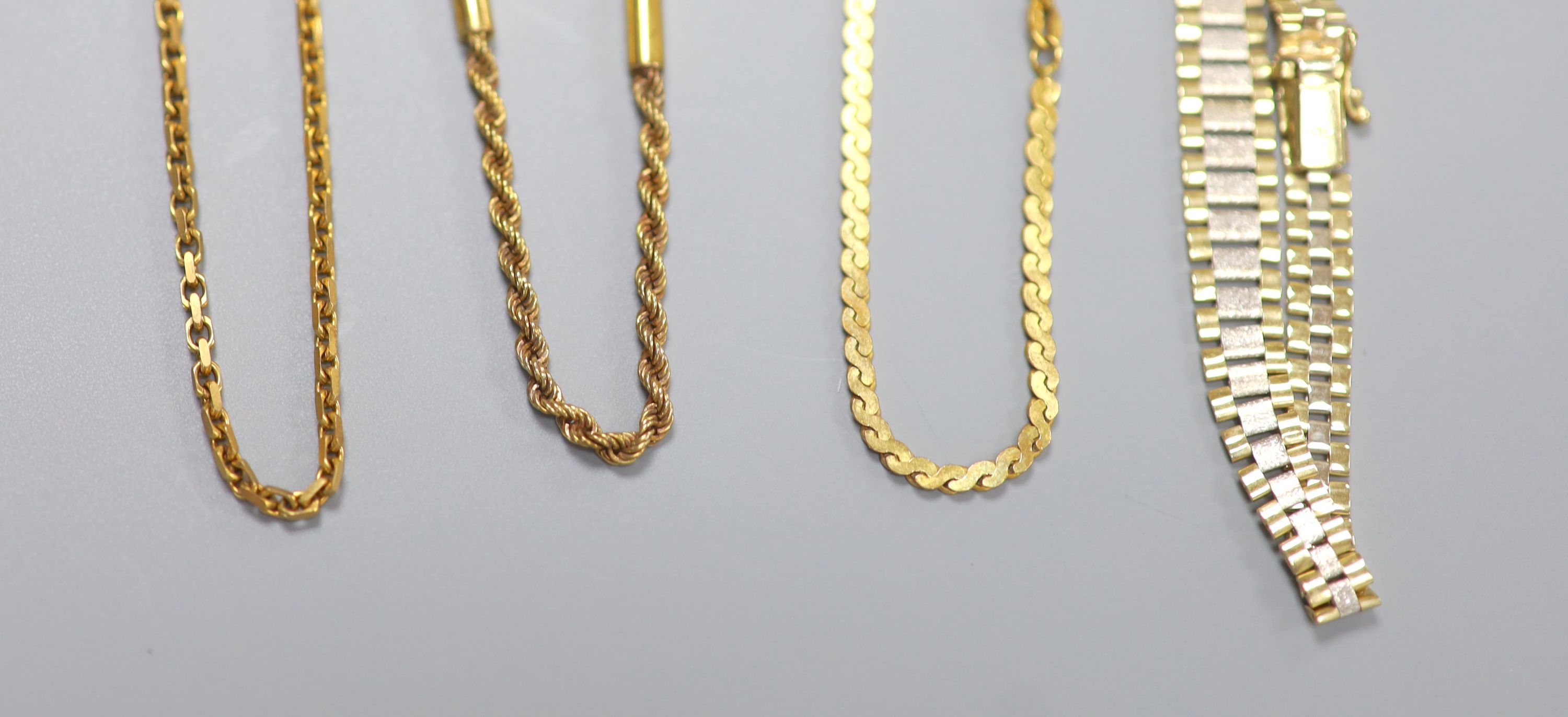 Three assorted modern 9ct gold chains including ropetwist, longest 50cm and two colour 9ct gold bracelet, 18cm